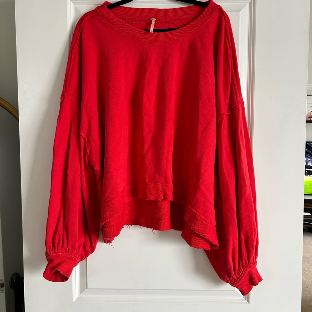 Free People Red Oversized Puff Sleeve Sweatshirt